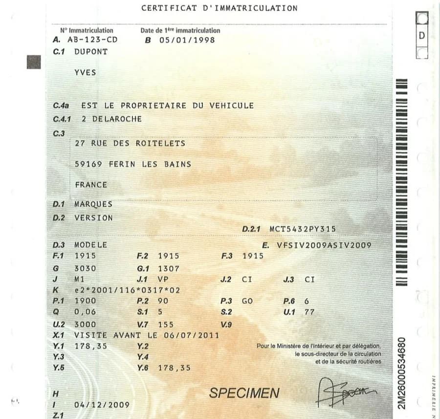 Certificat d'immatriculation (spécimen)