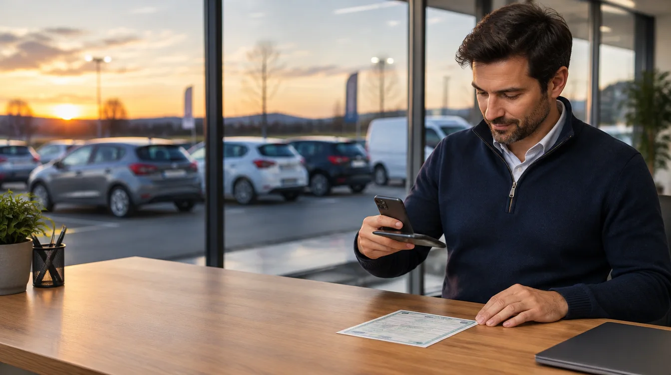 Un marchand automobile scanne une carte grise avec son smartphone, son parc de véhicules d'occasion derrière la vitrine