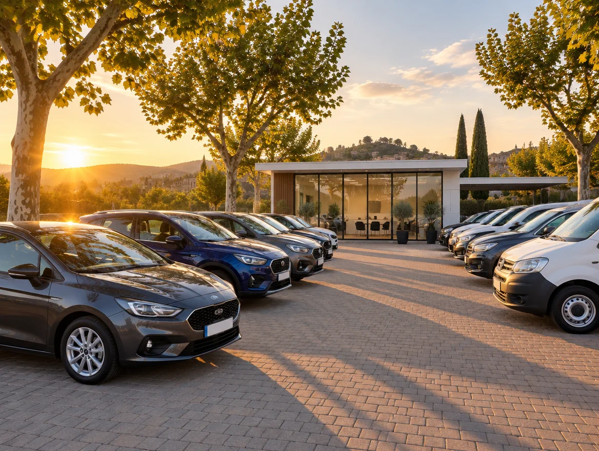 Parc de véhicules d'occasion bien rangé devant un garage au coucher du soleil