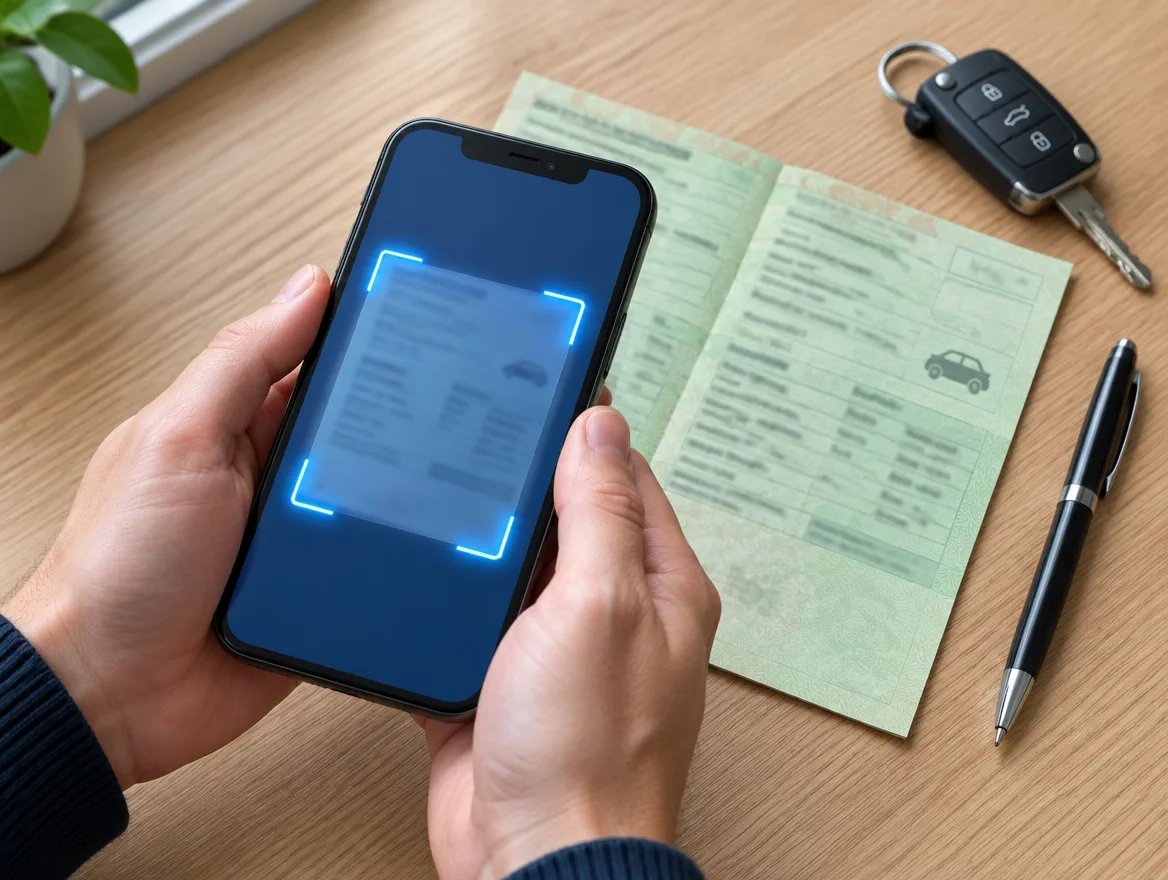 Carte grise photographiée avec un smartphone, cadre de scan à l'écran