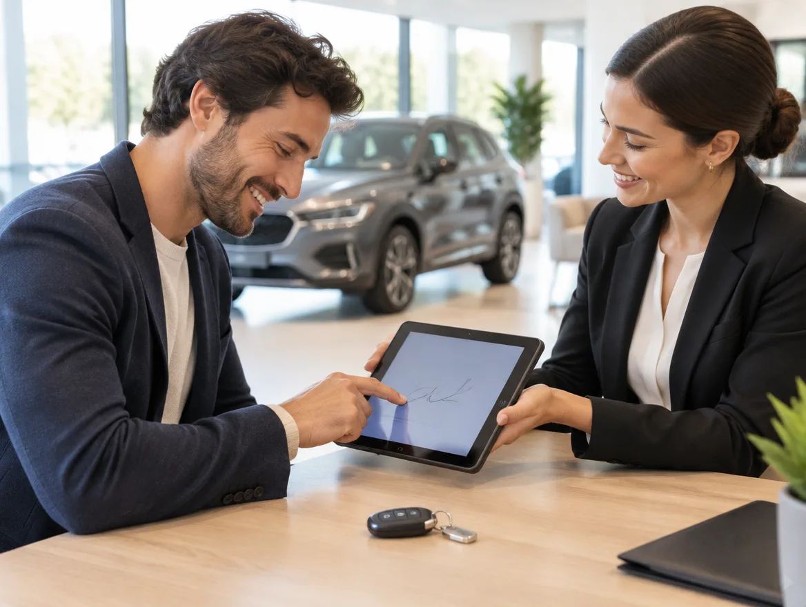Un client signe un document sur tablette au comptoir d'une concession